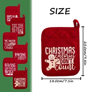 Detailed size chart for red Christmas pot holders featuring various holiday prints