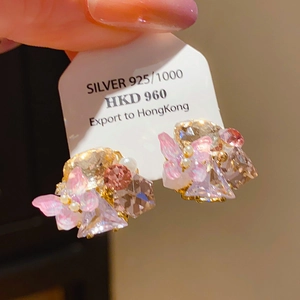 Close-up of 925 silver flower earrings featuring pink and champagne zircon stones