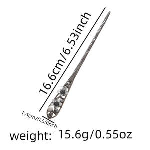 Detailed dimensions of antique silver hair stick with floral motif and measurement markers