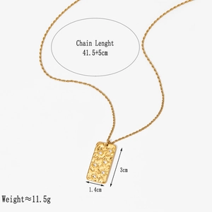 Gold plated stainless steel necklace with hammered rectangular pendant and inset zircon stones