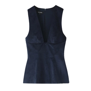Women's dark blue corduroy V-neck sleeveless crop top with zip back on white background
