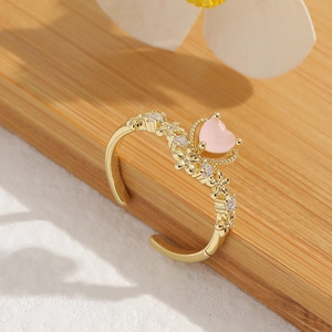 Adjustable gold open ring with pink heart stone and tiny floral zircon accents