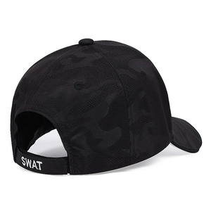 Rear view of black camo outdoor fishing hat with white SWAT embroidery on adjustable strap