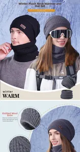 Close-up of knit beanie and neck warmer set with thick fleece lining for winter warmth