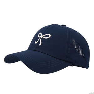 Quick-dry navy baseball cap with white bow embroidery and breathable side mesh panels