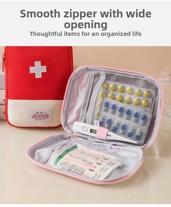 Internal view of portable first-aid kit showing mesh pockets and organized medicines