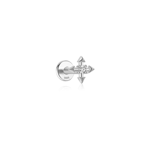 Close-up of S925 sterling silver cross stud earring with centered sparkling crystal