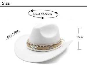 Detailed dimensions of white felt cowboy hat with turquoise star buckle and 7cm brim