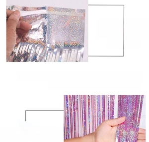 Detail of adhesive backing on laser fringe curtain for easy party wall decoration