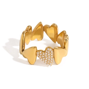 18k gold plated stainless steel heart link ring with sparkling white zircon accent