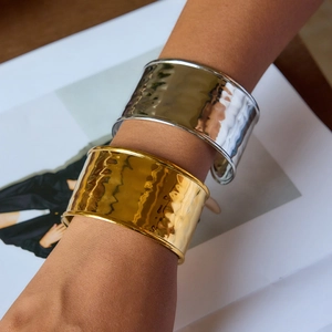Hammered Open Cuff Bangle Bracelet Stainless Steel 18K Gold Plated Minimalist Exaggerated Wide Band Jewelry For Women