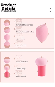 Detail of pink mushroom head puff and teardrop sponge made from latex-free hydrophilic PU