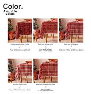 Detail showing five red Christmas plaid tablecloth styles with white pom-pom trim décor