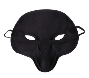Detail of black long beak bird mask with matte texture for Halloween cosplay costumes