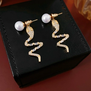 Snake Drop Earrings With Faux Artificial Pearl And Zirconia Inlaid Gold Plated Copper For Women With 925 Sterling Silver Earring Post