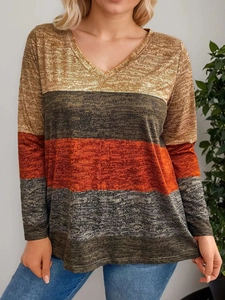 Women V-neck long sleeve tee with mustard orange color block stripes and knit texture