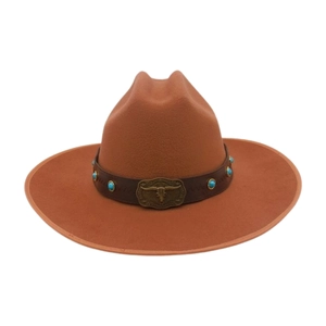 Detail of tan fedora hat with turquoise beads and bronze bull skull on leather band