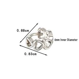Silver hollow heart-shaped cartilage hoop earrings with 6mm inner diameter dimensions