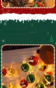 Detail of LED Christmas string lights with electroplated balls in red, gold and green colors