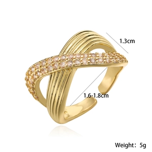 18K gold plated crisscross open ring with pink zircon and striped band, size 1.3cm wide