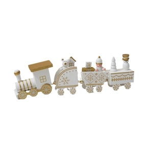White and gold wooden Christmas train set with snowman and tree table decorations