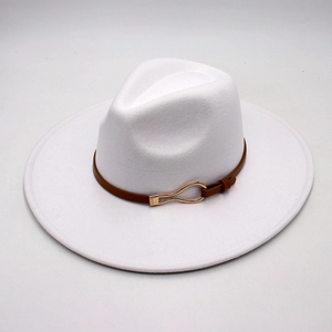 Detail of white felt fedora hat featuring a brown leather strap and gold fishhook buckle