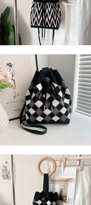 Detailed views of three knitted drawstring bucket bags in wavy, checkerboard, and solid patterns