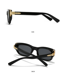 Detailed side and back view of aviator sunglasses with black frame and gold metal hinges