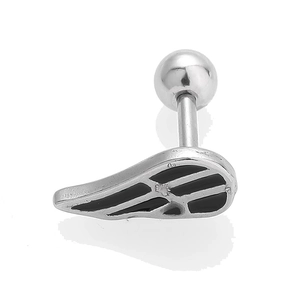 Detailed close-up of a silver wing screw-back stud earring with black enamel finish