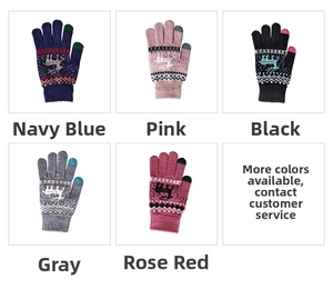 Detailed multi-color winter touchscreen knit gloves with Nordic elk and snowflake patterns