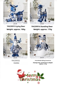 Blue and white plaid Christmas plush reindeer and snowman sizes with weight details