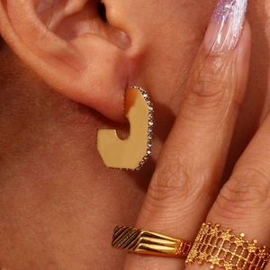 Detail showing irregular gold hoop earrings with pavé stones and mesh texture rings