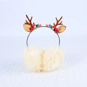 Plush beige earmuffs with cute brown reindeer antlers and red berry holiday decorations