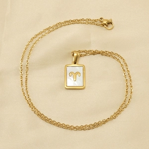 18K gold-plated stainless steel necklace with rectangular white shell Aries pendant