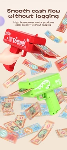 Close-up of red and green electric money guns firing fake banknotes for party fun