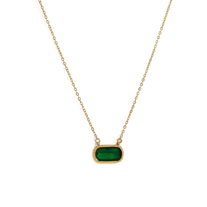 Detail of 18K gold plated necklace with a rectangular green zircon stone pendant