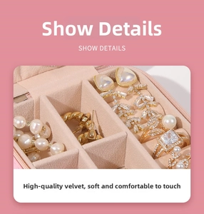 Detail view of pink velvet jewelry box interior with slots for earrings and rings