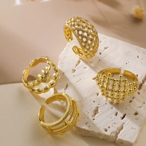 Hollow Geometric Open Ring Copper 18K Gold Plated Zircon Mesh Woven Minimalist Jewelry Gift For Women Adjustable