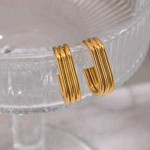 Detailed shot of layered golden C-shape earrings on clear textured glass
