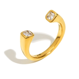 18K gold plated stainless steel open ring with dual square zircon stones on white background