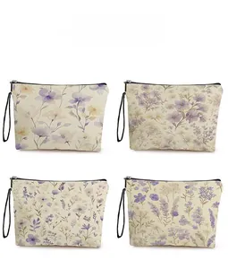 Detail display of four floral makeup bags featuring purple lavender and zipper closure