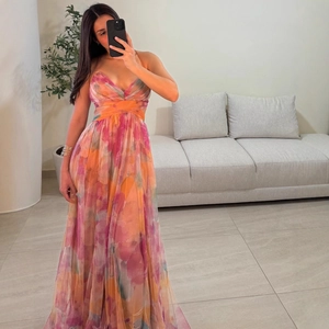 Floral print mesh midi dress with V-neckline and layered ruffle skirt for summer vacations