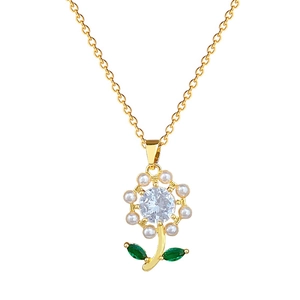 Elegant gold titanium steel necklace with pearl flower pendant and green stone leaves