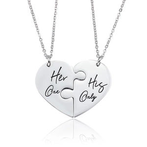Matching heart puzzle necklace set for couples in polished silver stainless steel