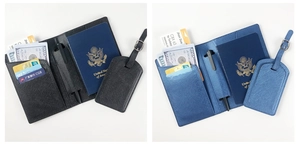 Macro view of multi-functional Saffiano PU leather passport holder and luggage tag set