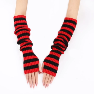 Detail of red and black striped knitted fingerless gloves with a long sleeve design
