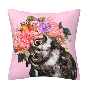 Detailed close-up of pink pillowcase with a floral owl digital print for home decor