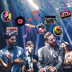 Disco theme party hanging swirls with retro music notes and vinyl record cardstock