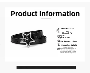 Detail of 93cm black PU belt with silver star buckle and starry embossed pattern