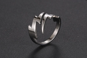 Detailed view of the lightning bolt shaped stainless steel ring in polished silver finish